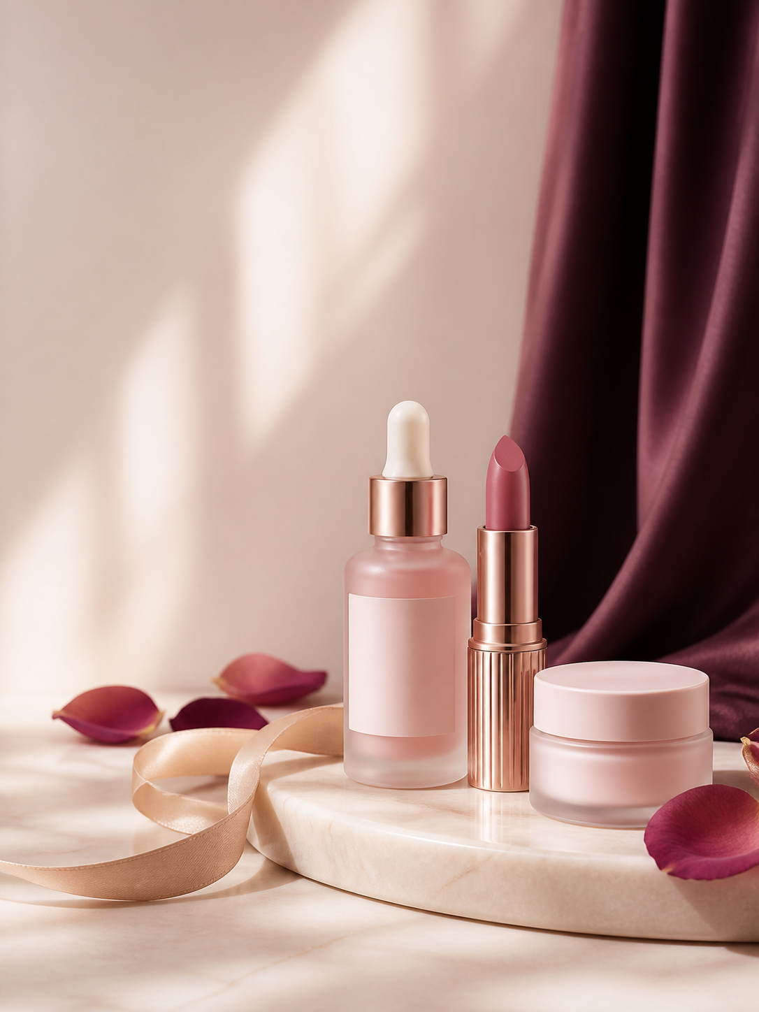 Skincare products in a warm rose-toned setting